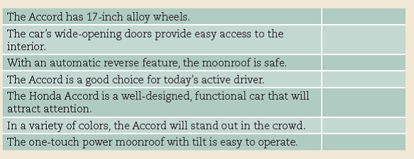Order sentences into a logical paragraph (Honda Accord). Identify the order of these sentences within one paragraph. Place a number (from 1 to 7) next to each sentence to represent its position within the paragraph.   