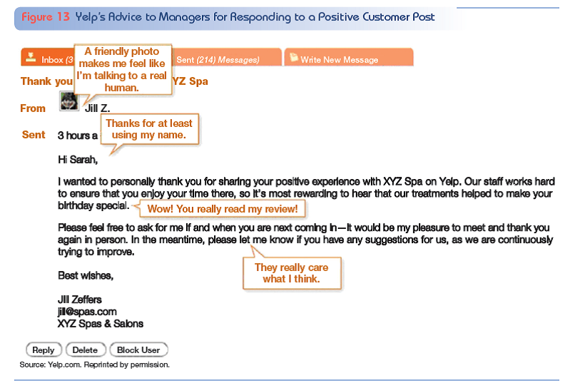 Send an email response to a highly positive customer comment. Imagine that you just found this comment about your new dog-training company online. Using the Yelp guidelines in Figure 13, write a response that shows appreciation for the comment.        