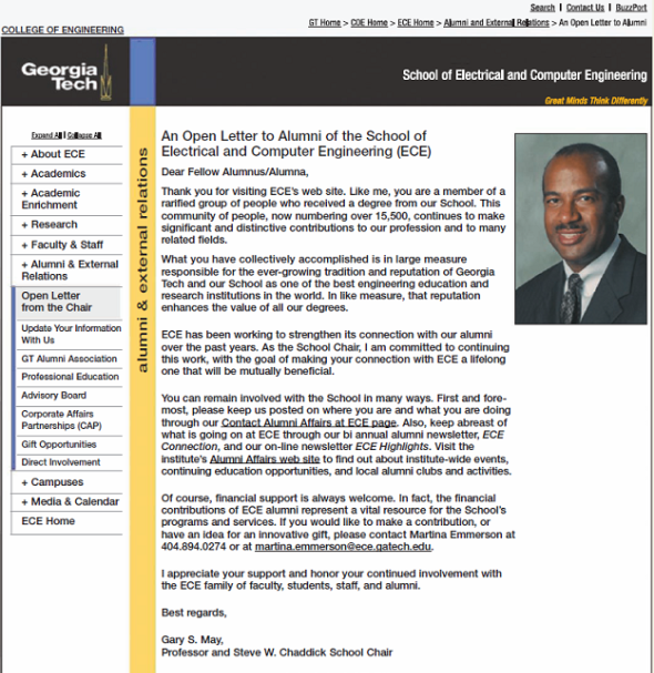 Identify the organization of a persuasive letter.  When you graduate, you may receive communications from your school's alumni office. For example, the Open Letter from Georgia Tech's School of Electrical and Computer Engineering is posted on the school's website (Figure). 12      How is the letter organized-using the direct or indirect approachWhat specific examples in the text tell you it's organized in this wayDo you believe this is the best approach for this letterWhy or why notWrite a one-page summary of your analysis.