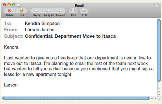 Give your manager advice about communication media. For this exercise, you'll help your manager be a better communicator. Let's say you're lucky enough to have a good working relationship with your manager, and he or she tells you-before the rest of the team-that your department will be moving from downtown Chicago to a suburb. This is a major change and will be bad news for most people. In response to this email from your manager, write a reply to suggest that he also hold a face-to-face meeting for employees. Explain why you think this is important.