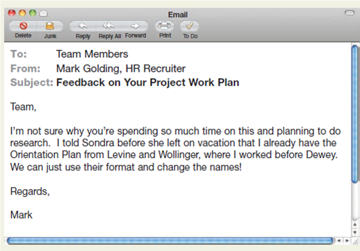 Respond to an email that suggests an unethical practice.  Imagine that you're an intern for the law firm Dewey, Wright, and Howe. As part of a team, you're developing an Orientation Plan for future interns. Your team receives the email on the next page from the HR recruiter at the firm. In small groups, first discuss the situation and why this is an ethical dilemma. Then, on your own, write an email to respond to Mark's suggestion. You will want to balance ethics with tone to avoid accusing Mark of anything inappropriate and potentially making him feel defensive. When you're finished, share your draft with your group members and compare emails. Which works best and why?   