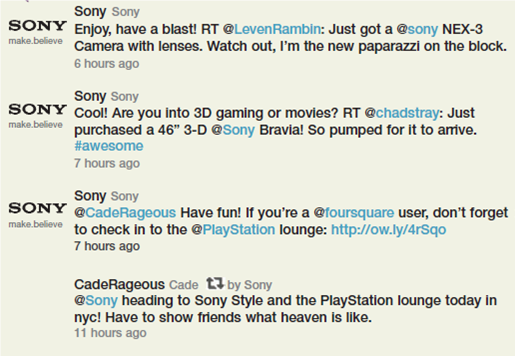Analyze how Sony uses Twitter to engage customers.  As a company interested in engaging customers online, Sony is active on Twitter. Review the tweets in Figure, and in small groups, discuss how effectively Sony is listening and responding to consumers. Do you find the tweets engaging? Why or why not?     Now imagine that you are responsible for Sony's Twitter account. Write two tweets (up to 140 characters) to engage customers: one to promote a new product (your choice) and one to respond to a tweet by Brinda Durii (Figure).   