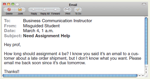 Analyze an instructor as the audience.  If you were a business communication instructor and received this email from a student, how would you react? Analyze your instructor as an audience for this student's message, and consider changes the student might make to achieve his or her purpose.   
