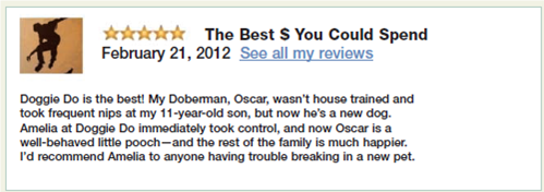 Send an email response to a highly positive customer comment.  Imagine that you just found this comment about your new dog-training company online. Using the Yelp guidelines in Figure, write a response that shows appreciation for the comment.   