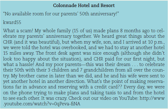 Write an email to a customer who posted negative feedback. Imagine that you work for the Colonnade Hotel and Resort, and a customer posted a video of his negative experience checking into the hotel (Figure). The customer also posted a negative review of the hotel on a travel website (Figure).     Prepare an email to the customer, addressing his concerns. How can you win over this very angry customer?<div style=padding-top: 35px> 
