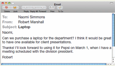 Write an email refusing an employee's request. 16  You manage the conventions department for a hotel, where you supervise an employee named Robert. Robert is responsible for meeting with companies that hold events at the hotel. This morning, you received the following email from Robert: You won't be able to approve this request for the following reasons:     • You have no budget for this capital expense. It's possible to budget for this next year, but you're not sure a laptop just for client presentations would be worth the expense. You really don't see the point because you recently spent a lot on printing beautiful materials, which Robert takes to clients with him. • Robert started work at your company only one month ago. Although you encourage ideas, you do not like Robert's presumptuous tone. • Also, you'd like to encourage Robert to put more time and thought into his ideas. Although not a huge expense, a laptop for your department would need to be justified-and Robert would benefit from supporting his suggestions more convincingly. • His preliminary marketing plan was due on Wednesday, but he hasn't submitted it yet. You'd like him to focus on his current responsibilities as a priority. • On the other hand, you hired Robert because of his strong work background and excellent skills, and you hope he will have a long career with your company. Also, the hiring process was lengthy and expensive, and you have no desire to go through it again. You don't want to discourage him. Write an email to Robert that rejects his request. Next, exchange emails with another student. At this point, your instructor may give you more information about Robert's perspective. If you were Robert, how would you react to the email? Provide feedback to the original writer.