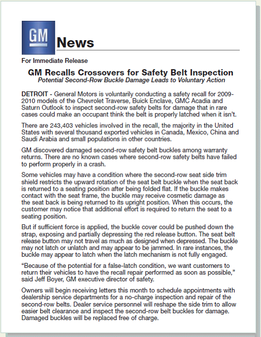 Write an email to tell employees about a product recall.  As the vice president of public relations at GM, you just wrote the following news release about vehicle recalls.17 Next, you will work with the vice president of human resources to communicate this news to employees. Rewrite this external message so that it is appropriate for your internal audience. Address your email to all GM employees.   