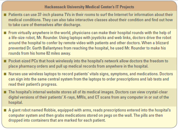 The Digital Hospital  For years, health care has missed the huge benefits that information technology has bestowed upon the rest of the economy. During the 1990s, productivity in health care services declined, according to estimates from Economy.com Inc. That is a huge underachievement in a decade of strong gains from the overall economy. This is beginning to change as hospitals, along with insurers and the government, are stepping up their IT investments. Hospitals are finally discarding their clumsy, sluggish first-generation networks and are beginning to install laptops, software, and Internet technologies. Hackensack University Medical Center in Hackensack, New Jersey, is one of the nation's most aggressive technology adopters, investing $72 million in IT projects. The IT investments are paying off for the hospital with patient mortality rates decreasing-down 16 percent in four years-and quality of care and productivity increasing. The most important piece of Hackensack's digital initiatives is the networked software that acts as the hospital's central nervous system. Using wireless laptops, nurses log in to the system to record patient information and progress. Doctors tap into the network via wireless devices to order prescriptions and lab tests. Everything is linked, from the automated pharmacy to the X-ray lab, eliminating the need for faxes, phone calls, and other administrative hassles. Figure B8.7 displays the hospital's IT systems development projects. More important than saving money is saving lives. Poor information kills some 7,000 Americans each year just by missing drug-interaction problems, according to the National Academy of Sciences Institute of Medicine. Hospital errors result in 100,000 deaths annually. Early evidence indicates that proper technology can reduce this amount. Hospitals using electronic prescription systems have seen 80 percent fewer prescription errors. FIGURE B8.7 Hospital IT Systems Development Projects     How would a hospital use each of the three OM planning strategies to improve its operations