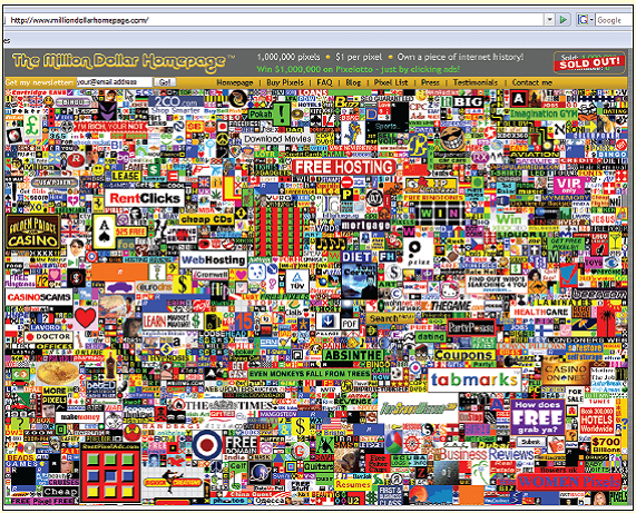 Amazing things are happening on the Internet, things nobody would believe. Here are two stories that demonstrate how innovation, creativity, and a great idea can turn the Internet into a cash cow. A Million Dollar Homepage  The Million Dollar Homepage is a website conceived by Alex Tew, a 21-year-old student from Cricklade, Wiltshire, England, to help raise money for his university education. Launched on August 26, 2005, the website is said to have generated a gross income of $1,037,100 and has a current Google PageRank of 7.     The index page of the site consists of a 1000 by 1000 pixel grid (1 million pixels), on which he sells image-based links for $1 per pixel, in minimum 10 by 10 blocks. A person who buys one or more of these pixel blocks can design a tiny image that will be displayed on the block, decide which URL the block will link to, and write a slogan that appears when the cursor hovers over the link. The aim of the site was to sell all of the pixels in the image, thus generating $1 million of income for the creator, which seems to have been accomplished. On January 1, 2006, the final 1,000 pixels left were put up for auction on eBay. The auction closed on January 11 with the winning bid of $38,100. This brought the final tally to $1,037,100 in gross income. The Million Dollar Homepage is shown above. One Red Paperclip  The website One Red Paperclip was created by Kyle MacDonald, a Canadian blogger who bartered his way from a single paper clip to a house in a series of trades spanning almost one year. MacDonald began with one red paper clip on July 14, 2005. By July 5, 2006, a chain of bartering had ultimately led to trading a movie role for a two-story farmhouse in Kipling, Saskatchewan. On July 7, 2006-almost exactly one year after MacDonald began his experiment-the deed to the house was signed. In September, at the housewarming party where 12 of the 14 traders were present, he proposed to his girlfriend and she accepted. The wedding ring was made from the original red paper clip he got back from the first woman to have agreed to trade with him. Following is the timeline, based on the website and as summarized by the BBC:  On July 14, 2005, MacDonald went to Vancouver and traded the paper clip for a fishshaped pen.  MacDonald then traded the pen the same day for a hand-sculpted doorknob from Seattle, Washington, which he nicknamed Knob-T.  On July 25, 2005, MacDonald traveled to Amherst, Massachusetts, with a friend to trade the Knob-T for a Coleman camp stove (with fuel).  On September 24, 2005, he went to San Clemente, California, and traded the camp stove for a Honda generator, from a U.S. Marine.  On November 16, 2005, MacDonald made a second (and successful) attempt (after having the generator confiscated by the New York City Fire Department) in Maspeth, Queens, to trade the generator for an instant party: an empty keg, an IOU for filling the keg with the beer of the holder's choice, and a neon Budweiser sign.  On December 8, 2005, he traded the instant party to Quebec comedian and radio personality Michel Barrette for a Ski-doo snowmobile.  Within a week of that, MacDonald traded the snowmobile for a two-person trip to Yahk, British Columbia, in February 2006.  On or about January 7, 2006, the second person on the trip to Yahk traded MacDonald a cube van for the privilege.  On or about February 22, 2006, he traded the cube van for a recording contract with Metal Works in Toronto.  On or about April 11, 2006, MacDonald traded the recording contract to Jody Gnant for a year's rent in Phoenix, Arizona.  On or about April 26, 2006, he traded the one year's rent in Phoenix, Arizona, for one afternoon with Alice Cooper.  On or about May 26, 2006, MacDonald traded the one afternoon with Alice Cooper for a KISS motorized snow globe.  On or about June 2, 2006, he traded the KISS motorized snow globe to Corbin Bernsen for a role in the film Donna on Demand.   On or about July 5, 2006, MacDonald traded the movie role for a two-story farmhouse in Kipling, Saskatchewan. Can you think of any other disruptive or nontraditional ways that you could use the Internet