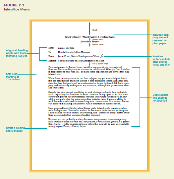 Writing Application 2.1  Assume you are Marcia Murphy and that you received the memo shown in Figure 2.1. Read the memo carefully, and then prepare a memo that responds to it. Show your appreciation to Jason Corzo for his advice. Explain that you are both excited and worried about your new assignment. Use your imagination to tell why. Describe how you expect to prepare for the new assignment. You might say that you plan to start learning the language, to read about the culture, and to talk with colleagues who have worked in Japan. Put this in your own words and elaborate. Make sure that your memo uses complete sentences and concise wording.   