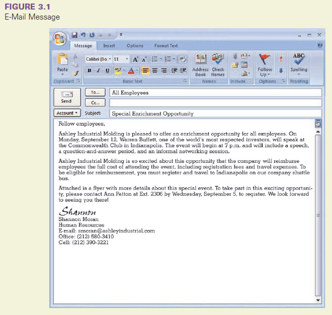Writing Application 3.3  Assume you work in the Human Resources Department of Bank of America. You must write an e-mail announcement describing a special program of classes for your employees. Use the following information to write a well-organized paragraph announcement. This information is purposely disorganized; you must decide how to best organize it. Add any information needed for clarity. Explain that Bank of America will reimburse any employee the full cost of tuition and books if that employee attends classes. Describe the plan. Skyline Community College, in cooperation with Bank of America, will offer a group of courses for college credit at very convenient locations for our employees. Actually, the classes will be offered at your downtown and East Bay branches. Tell employees that they should call Jean Fujimoto at Ext. 660 if they are interested. You'd better mention the tuition: $180 for a semester course. Explain that we (Bank of America) are willing to pay these fees because we value education highly. However, make it clear that employees must receive a grade of C or higher before they are eligible for reimbursement of course and book fees. It might be a good idea to attach a list of the courses and the times that they will be offered. Include a deadline date for calling Jean. Use the e-mail message in Figure 3.1 as a model as you compose your e-mail announcement. You can refer to an attached list of courses and time, but you do not have to prepare the actual attachment.   