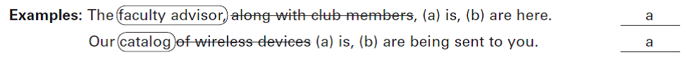 For each of the following sentences, circle the sentence subject. Then cross out any phrases that separate the verb from its subject. Choose the correct verb and write the corresponding letter in the space provided.   The range of prices for these models (a) make, (b) makes it difficult to provide complete information online. _____________