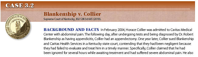     IN THE LANGUAGE OF THE COURT Opinion of the court by Justice ABRAMSON. * * * * * * * Although a defendant is permitted to move for a summary judgment at any time, this Court has cautioned trial courts not to take up these motions prematurely and to consider summary judgment motions only after the opposing party has been given ample opportunity to complete discovery. Thus, even though an appellate court always reviews the substance of a trial court's summary judgment ruling de novo [anew] * * * to determine whether the record reflects a genuine issue of material fact, a reviewing court must also consider whether the trial court gave the party opposing the motion an ample opportunity to respond and complete discovery before the court entered its ruling. In a medical malpractice action, where a sufficient amount of time has expired and the plaintiff has still failed to introduce evidence sufficient to establish the respective applicable standard of care, then the defendants are entitled to summary judgment as a matter of law. The trial court's determination that a sufficient amount of time has passed and that it can properly take up the summary judgment motion for a ruling is reviewed for an abuse of discretion. [Emphasis added.] In this case, the issue before this Court is not simply whether Collier had failed to establish a genuine issue of material fact at the time Dr. Blankenship and Caritas filed their summary judgment motions-without a doubt, there is no genuine issue of material fact in the record because Collier has no expert to support his claim of medical negligence. Rather, the more specific issue is whether the trial court was correct to take up the defendants' summary judgment motions and enter a ruling when it did and, secondarily, whether the court was required first either to enter a separate order requiring Collier to obtain expert testimony or to enter an order sanctioning Collier for failing to meet the court's expert disclosure deadline. Having carefully reviewed the record, we conclude that the defendants' summary judgment motions were properly before the trial court and it did not abuse its discretion in taking them up and deciding to rule on the motions approximately four months after they were filed and seventeen months after the lawsuit was initiated. Collier had completely failed to identify any expert witnesses and could not sustain his burden of proof without expert testimony and, thus, no material issue of fact existed in the record and the defendants were entitled to summary judgment as a matter of law. Because Collier never disputed that a medical expert was necessary to prove his claim of medical negligence and continually represented to the trial court that he would obtain an expert witness, no separate ruling stating the obvious-the need for an expert witness-was required before the court ruled on the defendants' summary judgment motions. Further, * * * the trial court was not required to enter a sanctions order prior to granting the defendants' summary judgment motions. DECISION AND REMEDY The Supreme Court of Kentucky reversed the decision of the lower appellate court and reinstated the trial court's decision. The trial court had not abused its discretion by granting summary judgment for the defendants. The ETHICAL DIMENSION?Collier contended that there was a serious question as to whether he would even need experts to prove his medical malpractice claim. Is it fair to Collier to prevent the trial from proceeding, even though the lack of expert testimony might have made it difficult-if not impossible-for him to win the case? Explain. MANAGERIAL IMPLICATIONS Business owners and managers should be aware that initiating discovery procedures and responding to discovery requests in a timely fashion are important in any litigation. Although the court in this case claimed that summary judgment was not a sanction imposed on the plaintiff for delays during discovery, one could argue (as a dissenting judge did) that it was indeed a sanction-and a very harsh one. Courts have also dismissed cases when the plaintiffs have caused undue delay by not meeting procedural deadlines.<div style=padding-top: 35px> 