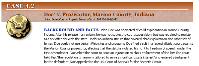    In the language of the court  fla um, Circuit Judge. * * * * Indiana Code Section 35-42-4-12 prohibits certain sex offenders from knowingly or intentionally using: a social networking Web site or an instant messaging or chat room program  a. The names John Doe and Jane Doe are used as placeholders in litigation to represent a party whose true identity is either unknown or being withheld for some reason.  that the offender knows allows a person who is less than eighteen (18) years of age to access or use the Web site or program. The law applies broadly to all individuals required to register as sex offenders. * * * * This case presents a single legal question * * *. The statute clearly implicates Doe's First Amendment rights * * *. It not only precludes [prohibits] expression through the medium of social media, it also limits his right to receive information and ideas. The Indiana law, however, is content neutral because it restricts speech without reference to the expression's content. As such, it may impose reasonable time, place, or manner restrictions. To do so, the law * * * must be narrowly tailored to serve a significant governmental interest. The state initially asserts an interest in protecting public safety, and specifically in protecting minors from harmful online communications. Indiana is certainly justified in shielding its children from improper sexual communication.  * * * *  * * * The state agrees there is nothing dangerous about Doe's use of social media as long as he does not improperly communicate with minors. Further, there is no disagreement that illicit communication comprises a minuscule subset of the universe of social network activity. As such, the Indiana law targets substantially more activity than the evil it seeks to redress. * * * Indiana has other methods to combat unwanted and inappropriate communication between minors and sex offenders. For instance, [under Indiana Code Section 35-42-4-6] it is a felony in Indiana for persons over twenty-one to solicit children under sixteen to engage in: (1) sexual intercourse; (2) deviate sexual conduct; or (3) any fondling intended to arouse or satisfy the sexual desires of either the child or the older person. A separate statute goes further. [Indiana Code Section 35-42-4-13] punishes mere inappropriate communication with a child and communication with the intent to gratify the sexual desires of the person or the individual. Significantly, both statutes have enhanced penalties for using a computer network and better advance Indiana's interest in preventing harmful interaction with children (by going beyond social networks). They also accomplish that end more narrowly (by refusing to burden benign Internet activity). That is, they are neither over nor under-inclusive like the statute at issue here. [Emphasis added.]  * * * * For the foregoing reasons, we REVERSE the district court's decision, and REMAND with instructions to enter judgment in favor of Doe and issue the injunction. Decision and remedy The U.S. Court of Appeals for the Seventh Circuit reversed the lower court's judgment in the defendant's favor and remanded the case for the entry of a judgment for Doe. A law that concerns rights under the First Amendment must be narrowly tailored to accomplish its objective. The blanket ban on social media in this case did not pass this test. The legal environment dimension What is an injunction? What did the plaintiff in this case hope to gain by seeking an injunction? The social dimension Could a state effectively enforce a law that banned all communication between minors and sex offenders through social media sites? Why or why not?