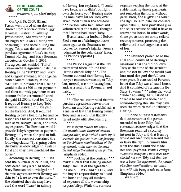    Legal Reasoning Questions 1. What did the contract between Herring and the Bowmans require Herring to do? What is the significance of these provisions? 2. On the issue of liability, in whose favor did the court rule? Why? 3. What theory of contract interpretation supported the court's reasoning? 4. If the agreement between Herring and the Bowmans had been a lease, would the result have been the same? Explain.