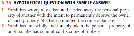 Hypothetical Question with Sample Answer The following situations are similar (all involve the theft of Makoto's laptop computer), yet they represent three different crimes. Identify the three crimes, noting the differences among them. 1 While passing Makoto's house one night, Sarah sees a laptop computer left unattended on Makoto's porch. Sarah takes the computer, carries it home, and tells everyone she owns it. 2 While passing Makoto's house one night, Sarah sees Makoto outside with a laptop computer. Holding Makoto at gunpoint, Sarah forces him to give up the computer. Then Sarah runs away with it. 3 While passing Makoto's house one night, Sarah sees a laptop computer on a desk near a window. Sarah breaks the lock on the front door, enters, and leaves with the computer. - For a sample answer to Question 6-2, go to Appendix E at the end of this text.        