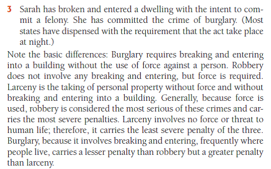 Hypothetical Question with Sample Answer The following situations are similar (all involve the theft of Makoto's laptop computer), yet they represent three different crimes. Identify the three crimes, noting the differences among them. 1 While passing Makoto's house one night, Sarah sees a laptop computer left unattended on Makoto's porch. Sarah takes the computer, carries it home, and tells everyone she owns it. 2 While passing Makoto's house one night, Sarah sees Makoto outside with a laptop computer. Holding Makoto at gunpoint, Sarah forces him to give up the computer. Then Sarah runs away with it. 3 While passing Makoto's house one night, Sarah sees a laptop computer on a desk near a window. Sarah breaks the lock on the front door, enters, and leaves with the computer. - For a sample answer to Question 6-2, go to Appendix E at the end of this text.        
