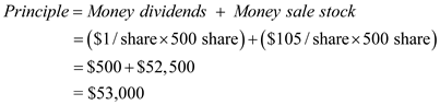 The given events are: • The trustee has authority to sell 500 shares of stock. • (I) Dividends of $1 was paid per stock. Note that this was paid before formation of the trust so it would be placed in principle not income. • (II) Trustee sold all the stocks at $105. The principle in this trust account is the money the trustee made from selling all the stocks (II) plus the money distributed from dividends of the stock (I):   Thus, there is $53,000 in the principle of the trust. The answer is d.