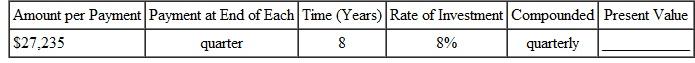 Round money amounts to the nearest cent and rates to the nearest tenth of a percent. Find the present value of the following annuities.