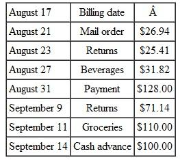 Find the average daily balance for the following credit card accounts. Assume one month between billing dates using the proper number of days in the month. __________ (b) Then find the finance charge if interest is 1.5 % per month on the average daily balance. __________ (c) Finally, find the new balance. Previous balance $714.58