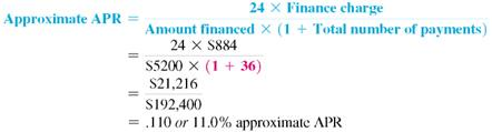 Find the approximate annual percentage rate using the approximate annual percentage rate formula. Round to the nearest tenth of a percent. (See Example.) Finding the Annual Percentage Rate Ed Chamski decides to buy a used car for $6400. He makes a down payment of $1200 and monthly payments of $169 for 36 months. Find the approximate annual percentage rate rounded to the nearest tenth of a percent. SOLUTION Use the steps outlined above.   Quick TIP The precise APR can be found using a financial calculator as shown in examples in Appendix C. Use the formula for approximate APR. Replace the finance charge with $884, the amount financed with $5200, and the number of payments with 36.   The approximate annual percentage rate on this loan is 11%. Example shows how to find the actual APR for this loan. Finding the Annual Percentage Rate In Example, a used car costing $6400 was financed at $169 per month for 36 months after a down payment of $1200. The total finance charge was $884, and the amount financed was $5200. Find the annual percentage rate. SOLUTION Step 1 Multiply the finance charge by $100, and divide by the amount financed. Quick TIP When using the annual percentage rate table, select the column with the table number that is closest to the finance charge per $100 of amount financed.   This gives the finance charge per $100 financed. Step 2 Read down the left column of the annual percentage rate table to the line for 36 months (the actual number of monthly payments). Follow across to the right to find the number closest to $17.00. Here, find 17.01. Read the number at the top of this column of figures to find the annual percentage rate, 10.50%. In this example, 10.50% is the annual percentage rate that must be disclosed to the buyer of the car. In Example, the formula for the approximate annual percentage rate gave an answer of 11%, which is not accurate enough to meet the requirements of the law.  <div style=padding-top: 35px> 