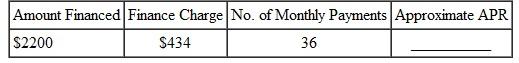 Find the approximate annual percentage rate using the approximate annual percentage rate formula. Round to the nearest tenth of a percent. (See Example.) Finding the Annual Percentage Rate Ed Chamski decides to buy a used car for $6400. He makes a down payment of $1200 and monthly payments of $169 for 36 months. Find the approximate annual percentage rate rounded to the nearest tenth of a percent. SOLUTION Use the steps outlined above. Quick TIP The precise APR can be found using a financial calculator as shown in examples in Appendix C. Use the formula for approximate APR. Replace the finance charge with $884, the amount financed with $5200, and the number of payments with 36. The approximate annual percentage rate on this loan is 11%. Example shows how to find the actual APR for this loan. Finding the Annual Percentage Rate In Example, a used car costing $6400 was financed at $169 per month for 36 months after a down payment of $1200. The total finance charge was $884, and the amount financed was $5200. Find the annual percentage rate. SOLUTION Step 1 Multiply the finance charge by $100, and divide by the amount financed. Quick TIP When using the annual percentage rate table, select the column with the table number that is closest to the finance charge per $100 of amount financed. This gives the finance charge per $100 financed. Step 2 Read down the left column of the annual percentage rate table to the line for 36 months (the actual number of monthly payments). Follow across to the right to find the number closest to $17.00. Here, find 17.01. Read the number at the top of this column of figures to find the annual percentage rate, 10.50%. In this example, 10.50% is the annual percentage rate that must be disclosed to the buyer of the car. In Example, the formula for the approximate annual percentage rate gave an answer of 11%, which is not accurate enough to meet the requirements of the law.
