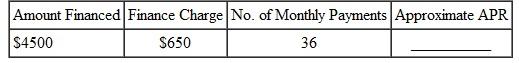 Find the approximate annual percentage rate using the approximate annual percentage rate formula. Round to the nearest tenth of a percent. (See Example.) Finding the Annual Percentage Rate Ed Chamski decides to buy a used car for $6400. He makes a down payment of $1200 and monthly payments of $169 for 36 months. Find the approximate annual percentage rate rounded to the nearest tenth of a percent. SOLUTION Use the steps outlined above. Quick TIP The precise APR can be found using a financial calculator as shown in examples in Appendix C. Use the formula for approximate APR. Replace the finance charge with $884, the amount financed with $5200, and the number of payments with 36. The approximate annual percentage rate on this loan is 11%. Example shows how to find the actual APR for this loan. Finding the Annual Percentage Rate In Example, a used car costing $6400 was financed at $169 per month for 36 months after a down payment of $1200. The total finance charge was $884, and the amount financed was $5200. Find the annual percentage rate. SOLUTION Step 1 Multiply the finance charge by $100, and divide by the amount financed. Quick TIP When using the annual percentage rate table, select the column with the table number that is closest to the finance charge per $100 of amount financed. This gives the finance charge per $100 financed. Step 2 Read down the left column of the annual percentage rate table to the line for 36 months (the actual number of monthly payments). Follow across to the right to find the number closest to $17.00. Here, find 17.01. Read the number at the top of this column of figures to find the annual percentage rate, 10.50%. In this example, 10.50% is the annual percentage rate that must be disclosed to the buyer of the car. In Example, the formula for the approximate annual percentage rate gave an answer of 11%, which is not accurate enough to meet the requirements of the law.