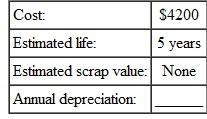 Find the annual amount of depreciation for this, using the straight-line method. (See Examples.) Finding First-Year Depreciation and Book Value KFC purchased a new low-fat chicken cooker at a cost of $26,500. The estimated life of the fryer is 5 years, with a salvage value of $3500. Find (a) the annual rate of depreciation, (b) the annual amount of depreciation, and (c) the book value at the end of the first year. SOLUTION (a) The annual rate of depreciation is 20,(5 year life= per year=20%) $26,500 cost (b) This $23,000 will be depreciated evenly over the 5-year life for an annual depreciation of $4600 ($23,000 × 20, = $4600). (c) Since the annual depreciation is $4600, the book value at the end of the first year will be $26,500 cost To solve Example using a calculator, first use parentheses to find the depreciable amount. Next, divide to find depreciation. Finally, find the book value. Note: Refer to Appendix B for calculator basics. Finding the Book Value at the End of Any Year A lighted display case at Albertson's cost $3400, has an estimated life of 10 years, and has a salvage value of $800. Find the book value at the end of 6 years. Quick TIP The book value helps the owner of a business estimate the value of the business, which is important when the owner is borrowing money or trying to sell the business. SOLUTION The annual rate of depreciation is 10, (10-year life is or 10%). Find the book value at the end of 6 years by subtracting the accumulated depreciation from the cost. After 6 years, this display case would be carried on the firm's books with a value of $1840.