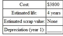 Find the first year 's depreciation for this, using the double-declining-balance method of depreciation. (See Example.) Finding Depreciation and Book Value Using Double-Declining-Balance Capital Curb and Concrete purchased a small portable storage building for $8100. It is expected to have a life of 10 years, at which time it will have no salvage value. Using the double- declining-balance method of depreciation, find the first and second years' depreciation and the book value at the end of the first and second years. SOLUTION The straight-line depreciation rate for property with a 10-year recovery is 10%. Therefore, the double-declining balance rate is twice that, or 10% × 2 = 20%. Find the book value at the end of the first year as follows. Book value at end of second year is found as follows.