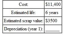 Find the first year 's depreciation for this, using the double-declining-balance method of depreciation. (See Example.) Finding Depreciation and Book Value Using Double-Declining-Balance Capital Curb and Concrete purchased a small portable storage building for $8100. It is expected to have a life of 10 years, at which time it will have no salvage value. Using the double- declining-balance method of depreciation, find the first and second years' depreciation and the book value at the end of the first and second years. SOLUTION The straight-line depreciation rate for property with a 10-year recovery is 10%. Therefore, the double-declining balance rate is twice that, or 10% × 2 = 20%. Find the book value at the end of the first year as follows. Book value at end of second year is found as follows.