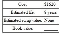 Find the book value at the end of the first year for this, using the double-declining-balance method of depreciation. Round to the nearest dollar. (See Examples.) Finding the 200% Declining-Balance Rate Find the straight-line rate and the double-declining-balance (200%) rate for each of the following years of life. SOLUTION Finding Depreciation and Book Value Using Double-Declining-Balance Capital Curb and Concrete purchased a small portable storage building for $8100. It is expected to have a life of 10 years, at which time it will have no salvage value. Using the double- declining-balance method of depreciation, find the first and second years' depreciation and the book value at the end of the first and second years. SOLUTION The straight-line depreciation rate for property with a 10-year recovery is 10%. Therefore, the double-declining balance rate is twice that, or 10% × 2 = 20%. Find the book value at the end of the first year as follows. Book value at end of second year is found as follows.