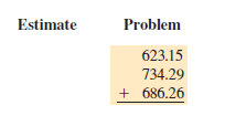 First use front-end rounding to estimate and then add the following decimals. (See Examples 1 and 2.)    