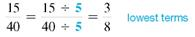 Convert the improper fractions to mixed or whole number and write in lowest terms. (See Examples.)      Converting Improper Fractions to Mixed Numbers  Convert the following improper fractions to mixed numbers. (a)      (b)      (c)      SOLUTION  (a) Convert     to a mixed number by dividing 27 by 4.     Therefore,      (b) Divide 29 by 8 to convert     to a mixed number.     (c) Divide 42 by 7.     Writing Fractions in Lowest Terms  Write the following fractions in lowest terms. (a)      (b)      SOLUTION  Look for a number that can be divided without a remainder into both the numerator and denominator. (a) Both 15 and 40 can be divided by 5.     (b) Divide both numbers by 3.   
