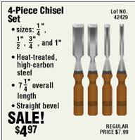Use the newspaper advertisement for this four-piece chisel set to answer ( Source : Harbor Frieght Tools.) Find the difference in the cutting-edge width of the narrowest chisel and the second to widest chisel. The symbol  is for inches._____________   