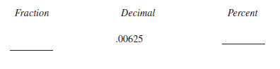 Determine the fraction, decimal, or percent equivalents for each of the following, as necessary. Write fractions in lowest terms.    