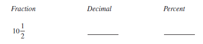 Determine the fraction, decimal, or percent equivalents for each of the following, as necessary. Write fractions in lowest terms.    