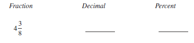 Determine the fraction, decimal, or percent equivalents for each of the following, as necessary. Write fractions in lowest terms.