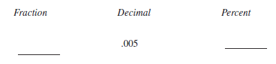 Determine the fraction, decimal, or percent equivalents for each of the following, as necessary. Write fractions in lowest terms.