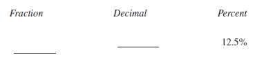 Determine the fraction, decimal, or percent equivalents for each of the following, as necessary. Write fractions in lowest terms.    