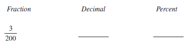 Determine the fraction, decimal, or percent equivalents for each of the following, as necessary. Write fractions in lowest terms.    