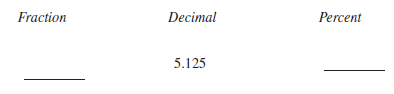 Determine the fraction, decimal, or percent equivalents for each of the following, as necessary. Write fractions in lowest terms.