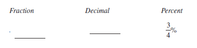 Determine the fraction, decimal, or percent equivalents for each of the following, as necessary. Write fractions in lowest terms.    