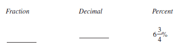 Determine the fraction, decimal, or percent equivalents for each of the following, as necessary. Write fractions in lowest terms.    