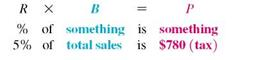 Solve the following application problem. (See Examples.) Finding Sales When Sales Tax Is Given One week, a Famous Footware store collected sales taxes of $780. If the sales tax rate is 5% find total sales for the week. SOLUTION Here, the rate of tax collection is 5% and taxes collected are a part of total sales. The rate in this problem is 5%,he part is $780, and the base, or total sales, must be found. Arrange the problem in standard form. Using the formula B = we get The calculator solution to this example is Finding the Amount of an Investment Roberta Gonzales received $162.50 in interest from an account that paid 1.25, interest for the year. Find the amount of money invested in the account. SOLUTION The part ( P ) is the $162.50 in interest and the rate ( R ) is 1.25,. The whole, or base ( B ), is unknown. The original investment was $13,000. VOTER REGISTRATION Registered Republican voters make up 13.8% of the population of one county. If there are 345,000 registered Republican voters in the county, find the total population in the county. ________________