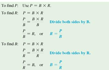 The basic percent formula is P = B × R. Show how to find the formula to solve for R (rate). (See Objective.) Use the basic percent formula to solve for rate. In this type of percent problem, the part and base are given, and the rate must be found. The formula for rate is found from the formula P = B × R. To find the rate using the diagram, cover R to get or part ÷ base. Actually, the formula P = B × R can be used to find either P, B, or R as long as the values of two of the three components are known.