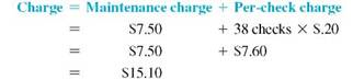 CHECKING Charges Use the table on page to find the monthly checking-account service charge for the following accounts. (See Example.) Finding the Checking-Account Service Charge Find the monthly service charge for the following business accounts. (a) Omni Computer, 38 checks written, average balance $983 Based on the average balance of $983, the maintenance charge is $7.50 and the per-check charge is $.20. (b) Jamison Auto Repair, 62 checks written, average balance $4632.25 Based on the average balance, the maintenance charge is $5.00 and the per-check charge is $.10. The calculator solutions to this example use chain calculations, with the calculator observing the order of operations. (a) 15.1 (b) 11.2 Note: Refer to Appendix B for calculator basics. Pest-X, 40 checks, average balance $491 __________