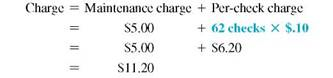 CHECKING Charges Use the table on page to find the monthly checking-account service charge for the following accounts. (See Example.) Finding the Checking-Account Service Charge Find the monthly service charge for the following business accounts. (a) Omni Computer, 38 checks written, average balance $983 Based on the average balance of $983, the maintenance charge is $7.50 and the per-check charge is $.20. (b) Jamison Auto Repair, 62 checks written, average balance $4632.25 Based on the average balance, the maintenance charge is $5.00 and the per-check charge is $.10. The calculator solutions to this example use chain calculations, with the calculator observing the order of operations. (a) 15.1 (b) 11.2 Note: Refer to Appendix B for calculator basics. Software and More, 72 checks, average balance $516 __________