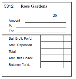 COMPLETING CHECK STUBS Using the information provided, complete the following check stubs for Rose Gardens. The balance brought forward for check stub 5311 is $7223.69. (See Example 2.)
