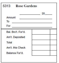 COMPLETING CHECK STUBS Using the information provided, complete the following check stubs for Rose Gardens. The balance brought forward for check stub 5311 is $7223.69. (See Example 2.)