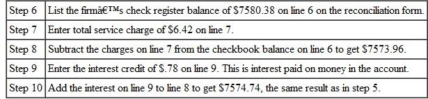 CURRENT CHECKING BALANCE Find the current balance for each of the following accounts. (See Example.) Reconciling a Checking Account The bank statement for Rose Gardens shown on the previous page shows a balance of $6892.41 after a bank service charge of $6.42 and an interest credit of $.78. The check register for Rose Gardens shows a current balance of $7580.38. Reconcile the account as follows. CASE IN POINT List the outstanding check s. Find the checks outstanding by comparing the list of checks on the bank statement against the list of checks written by the firm. You may wish to put a check mark on the bank statement and/or check register as you compare them. In particular, note any differences in the amounts for any check. Here are the outstanding checks. After listing the outstanding checks in the space provided on the form, total them. The total is $949.66. Find the adjusted bank balance or current balance. Follow the steps listed here and shown on the reconciliation form on the next page. Now look at the firm's own records. Since the result from step 10 is the same as the result from step 5, the account is balanced (reconciled). The correct current balance in the account is $7574.74.